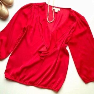 LOFT Red Silky V-Neck Blouse Top Size XS